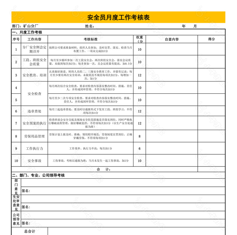 安全管理人员工作考核表no.2