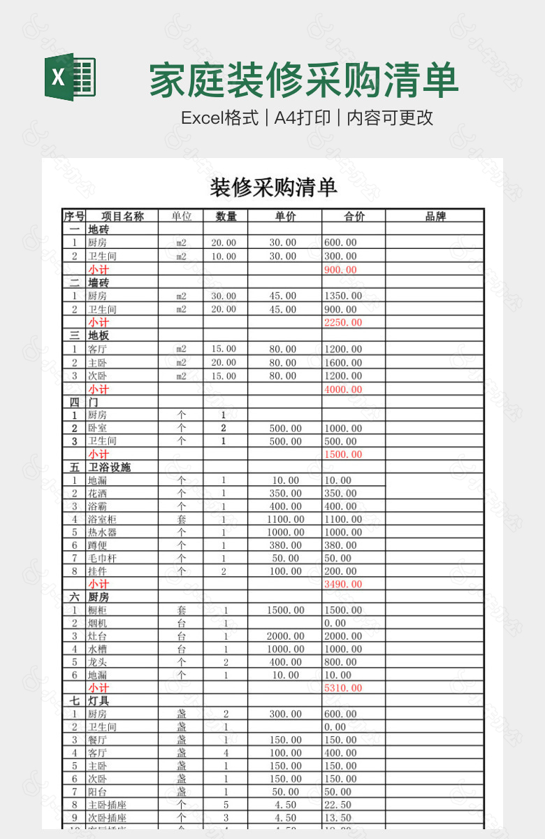 家庭装修采购清单