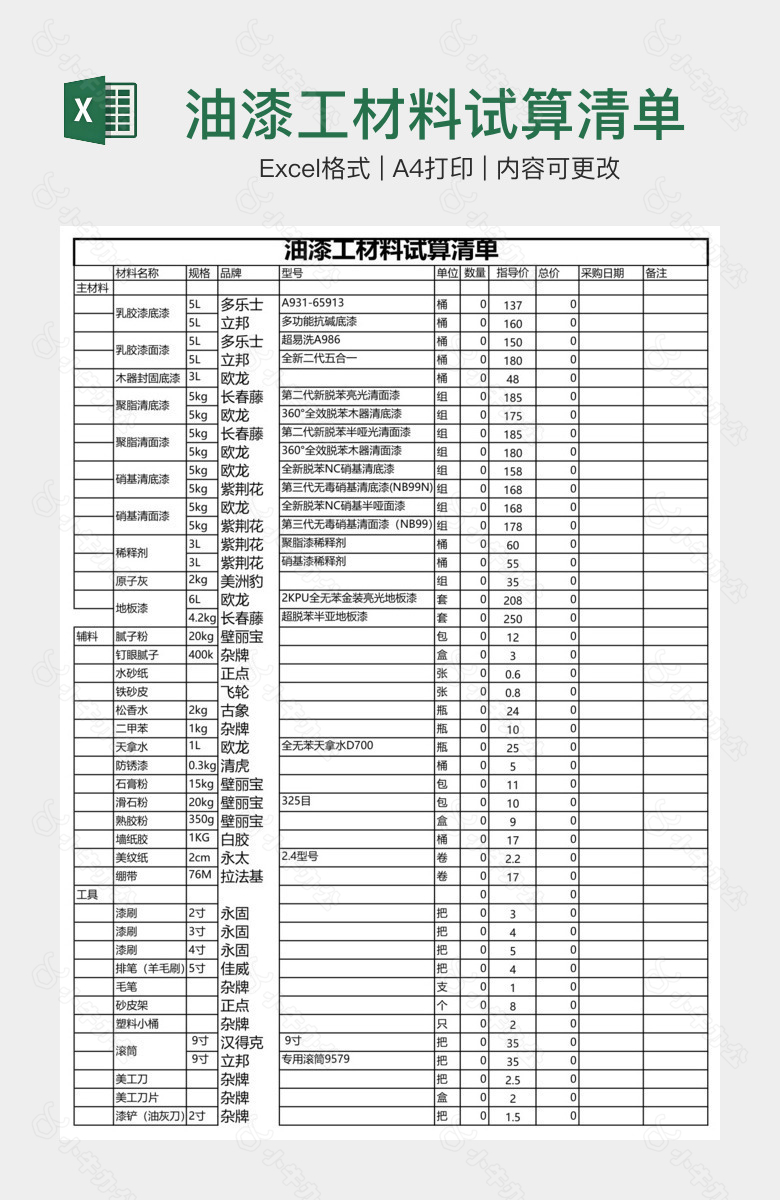 油漆工材料试算清单