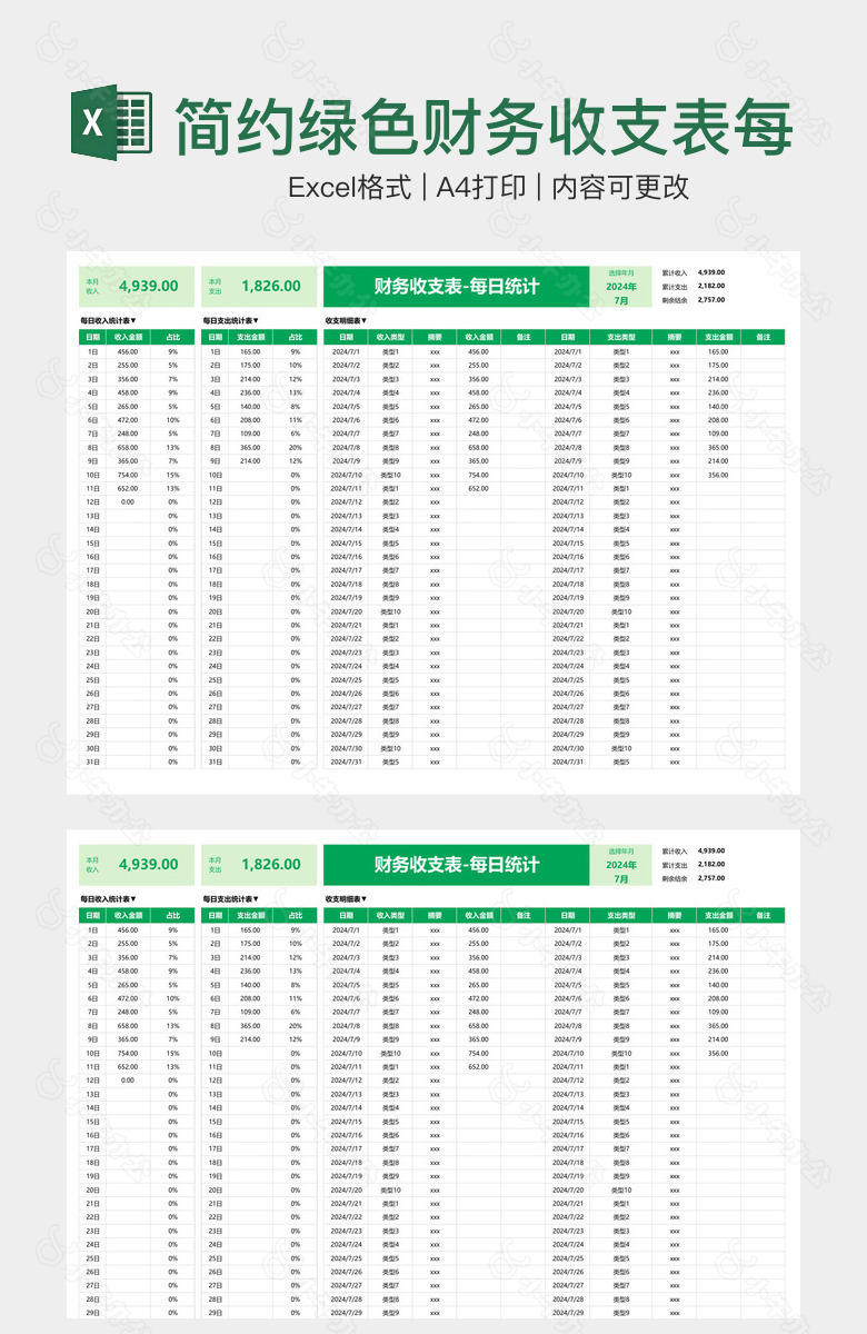 简约绿色财务收支表每日统计