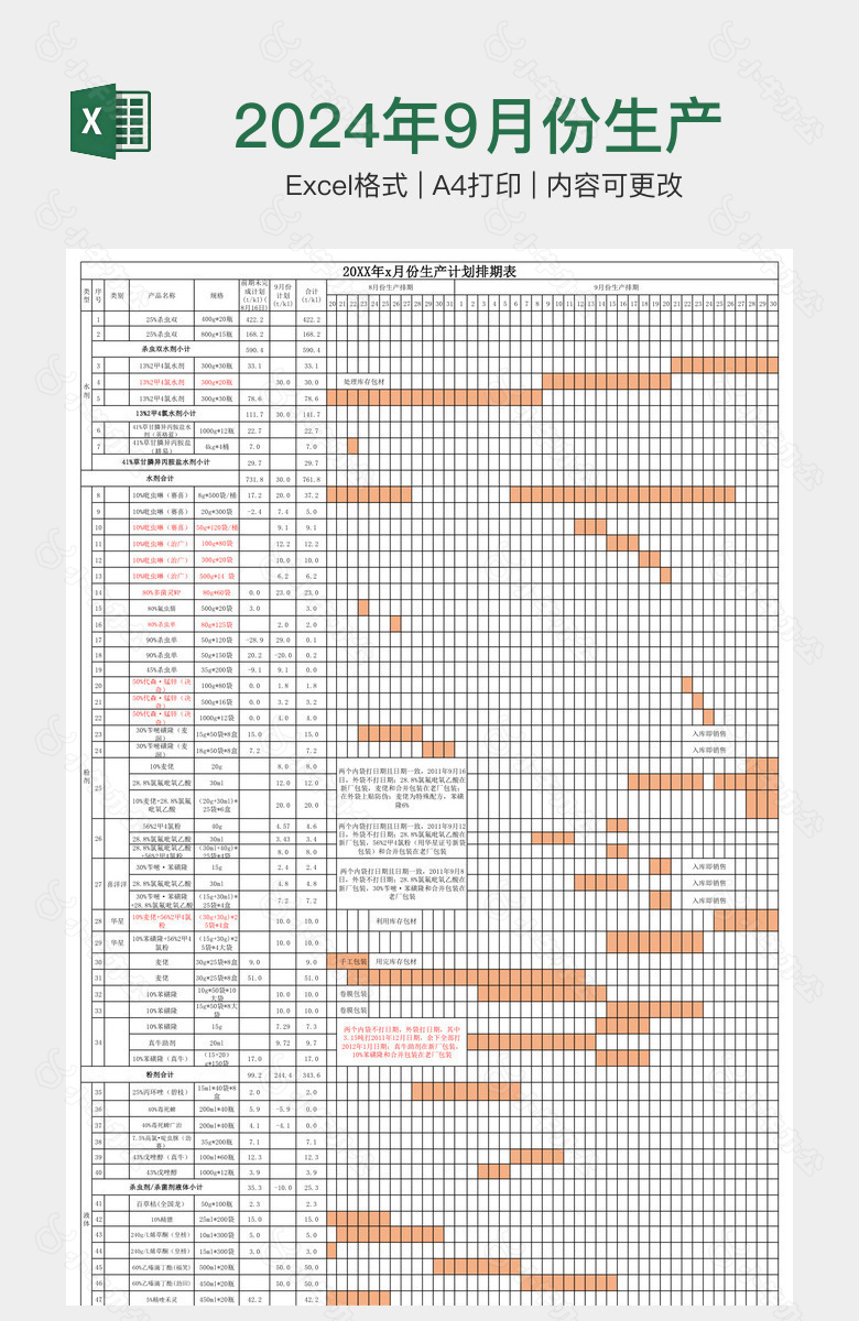 2024年9月份生产计划排期表