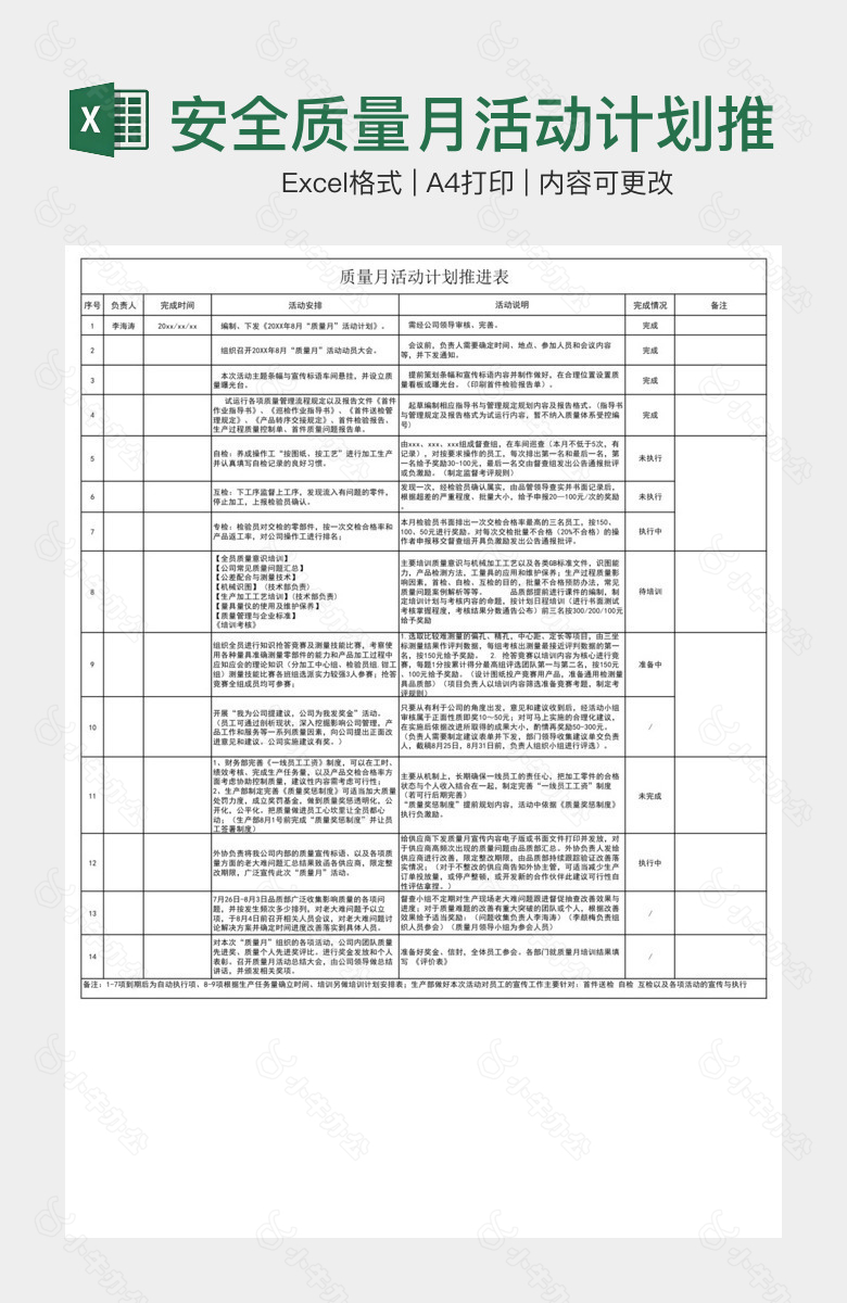 安全质量月活动计划推进表