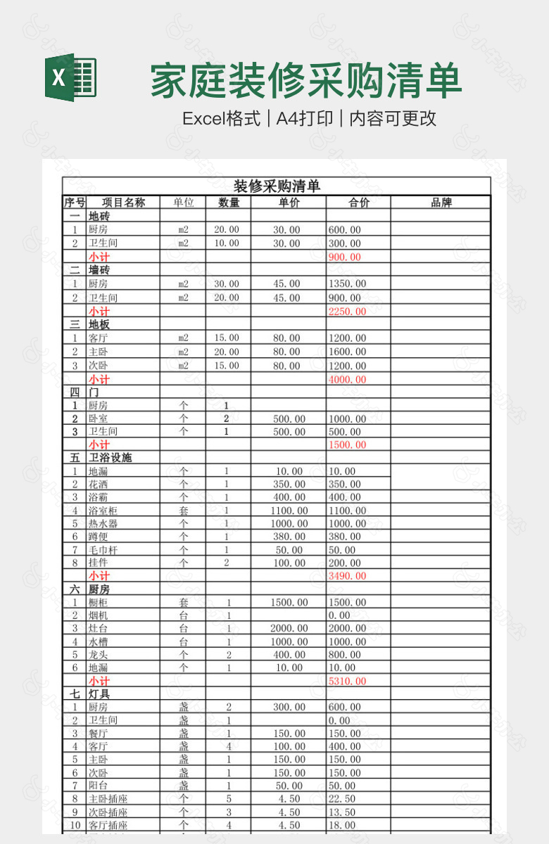 家庭装修采购清单