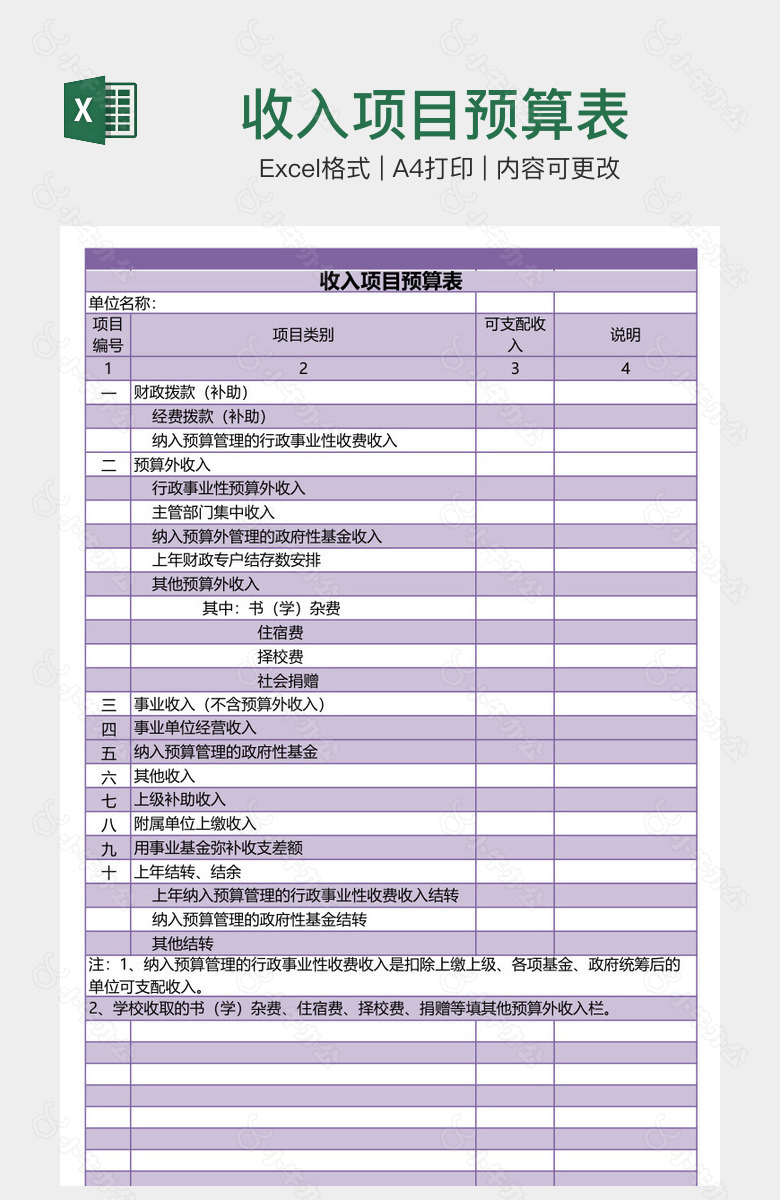 收入项目预算表