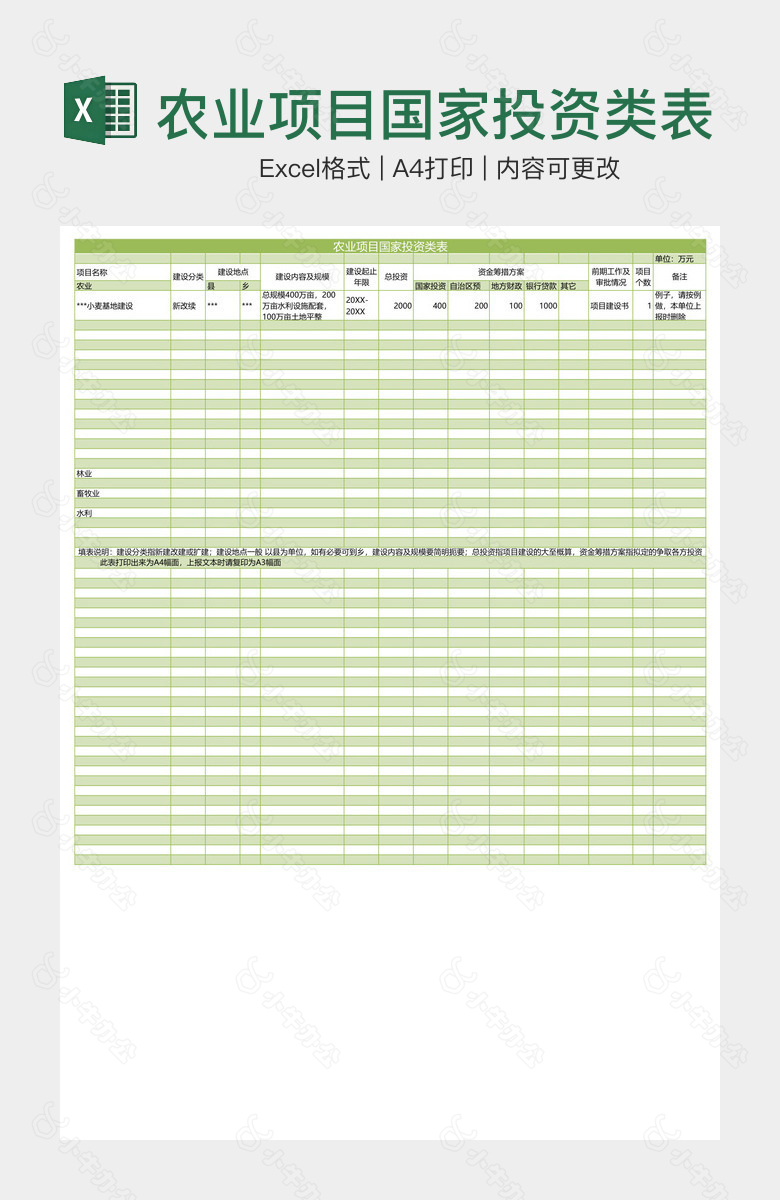 农业项目国家投资类表