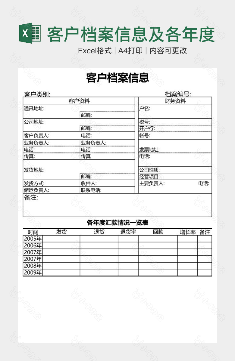 客户档案信息及各年度汇款情况一览表