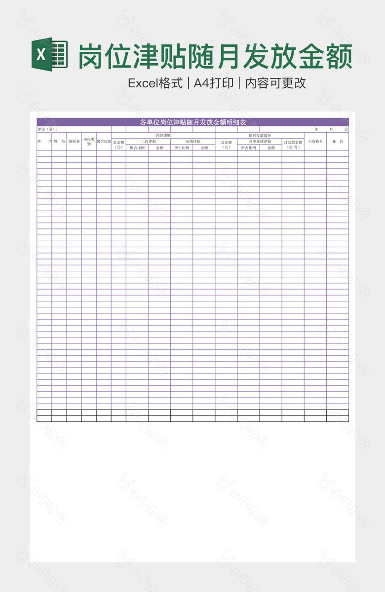 岗位津贴随月发放金额明细表