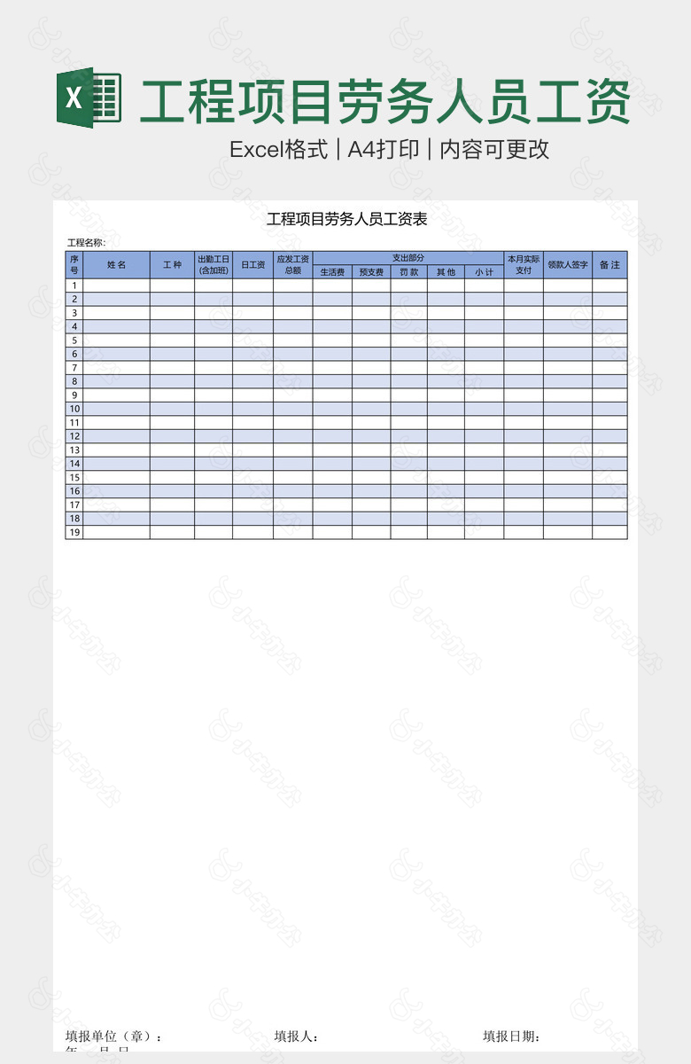 工程项目劳务人员工资表