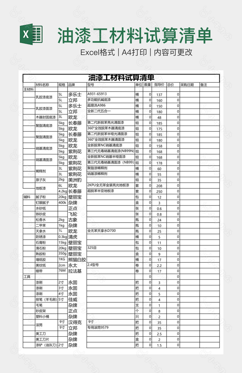 油漆工材料试算清单