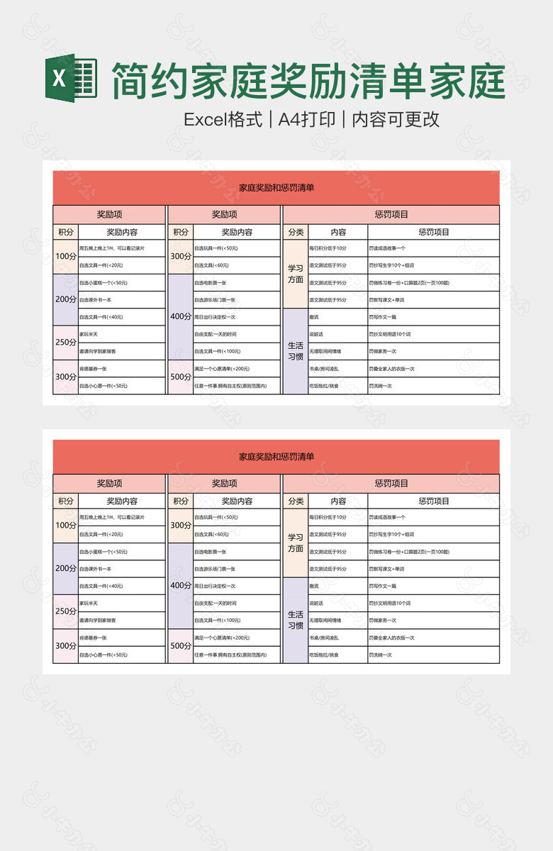 简约家庭奖励清单家庭惩罚清单