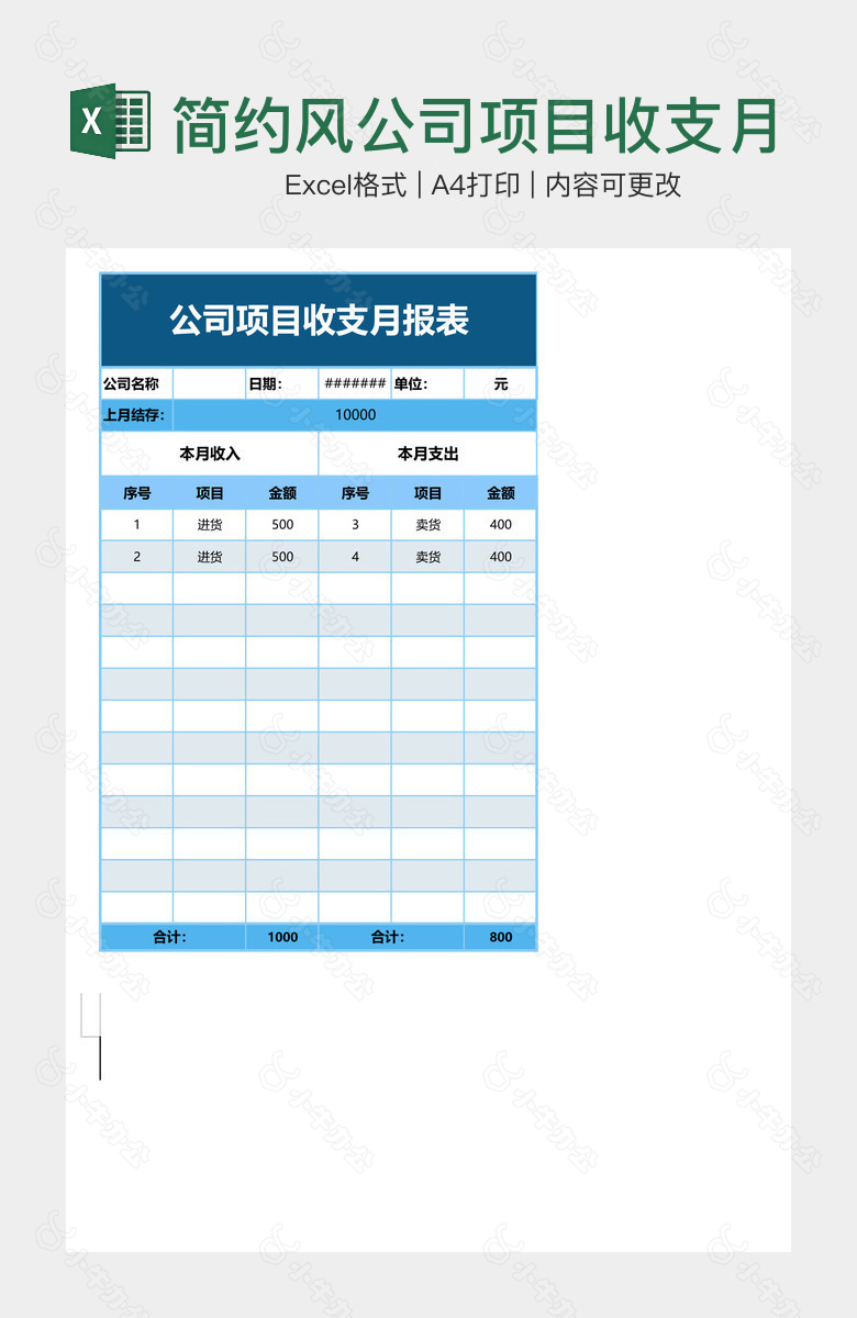 简约风公司项目收支月报表