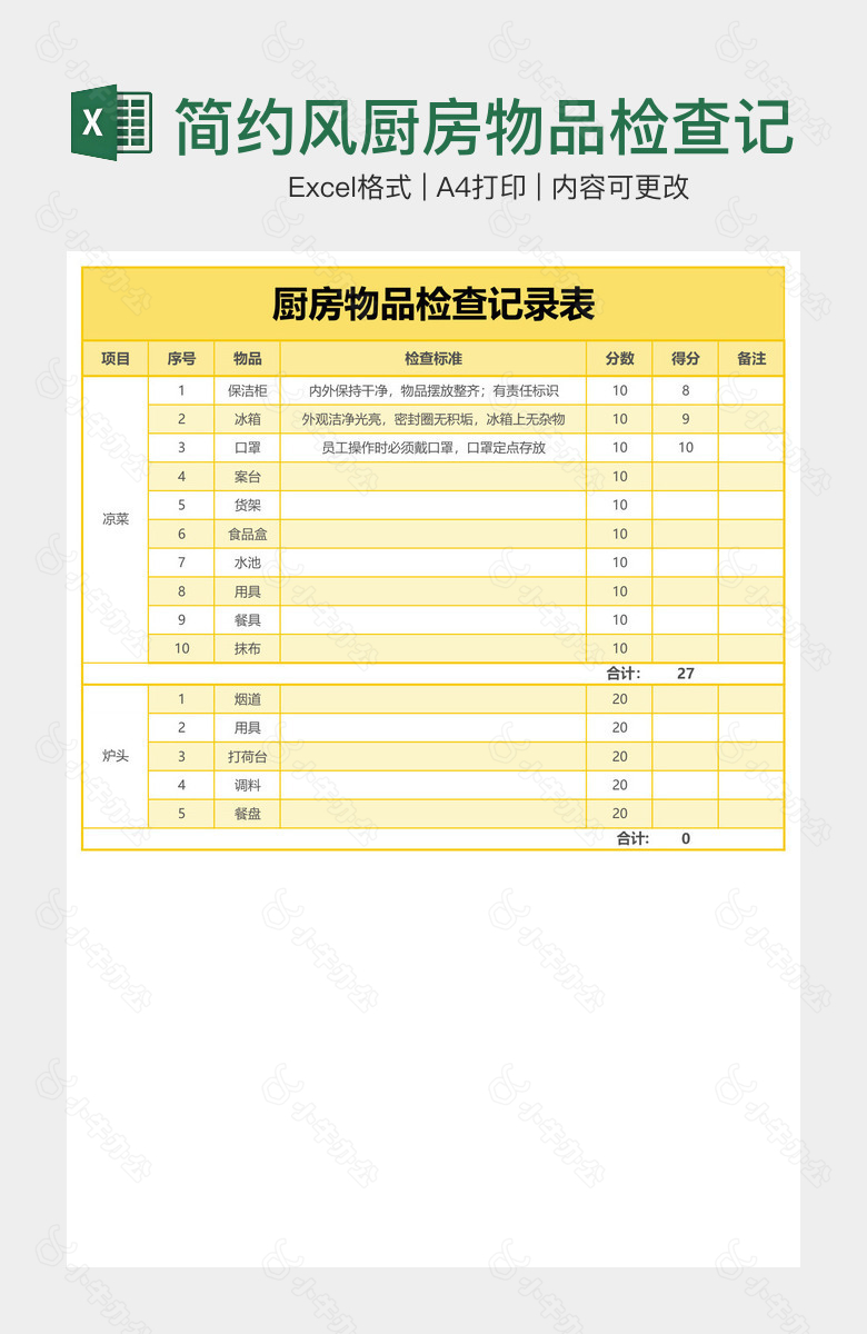 简约风厨房物品检查记录表