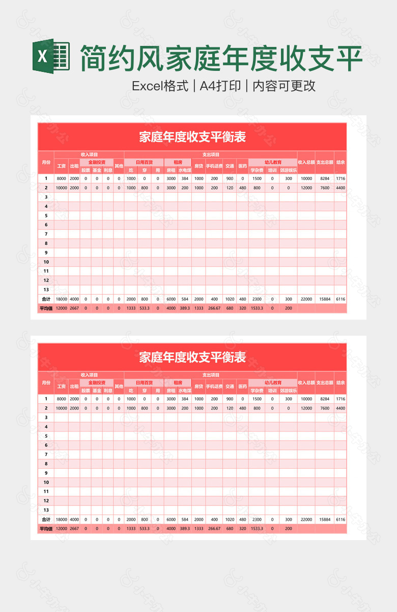 简约风家庭年度收支平衡表