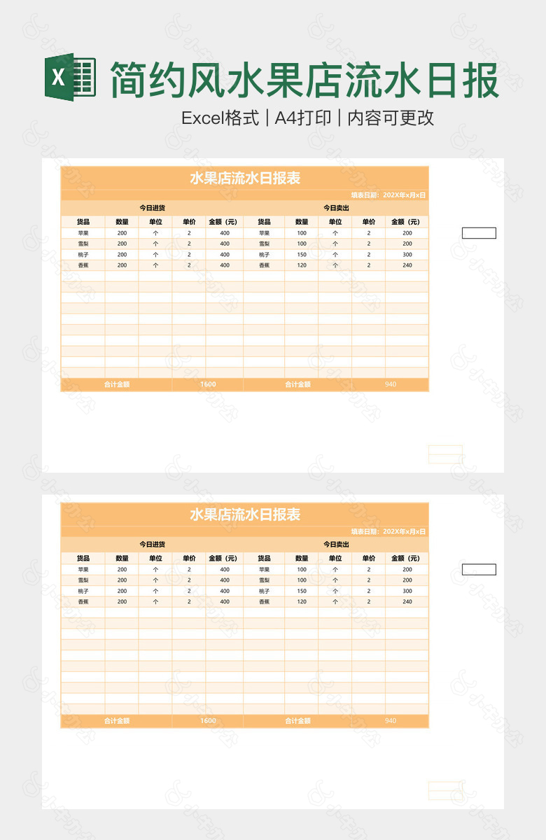 简约风水果店流水日报表