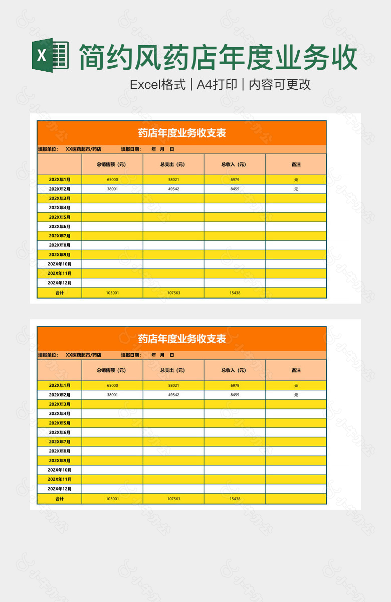 简约风药店年度业务收支表