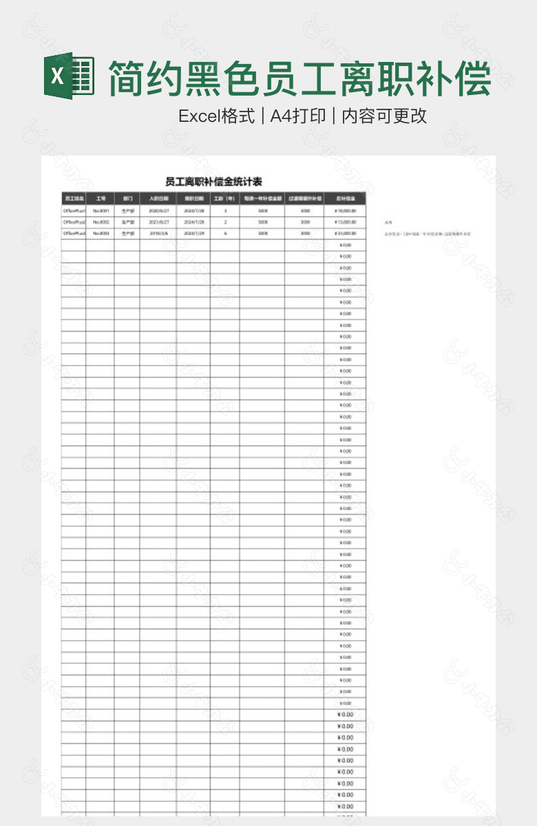 简约黑色员工离职补偿金统计表