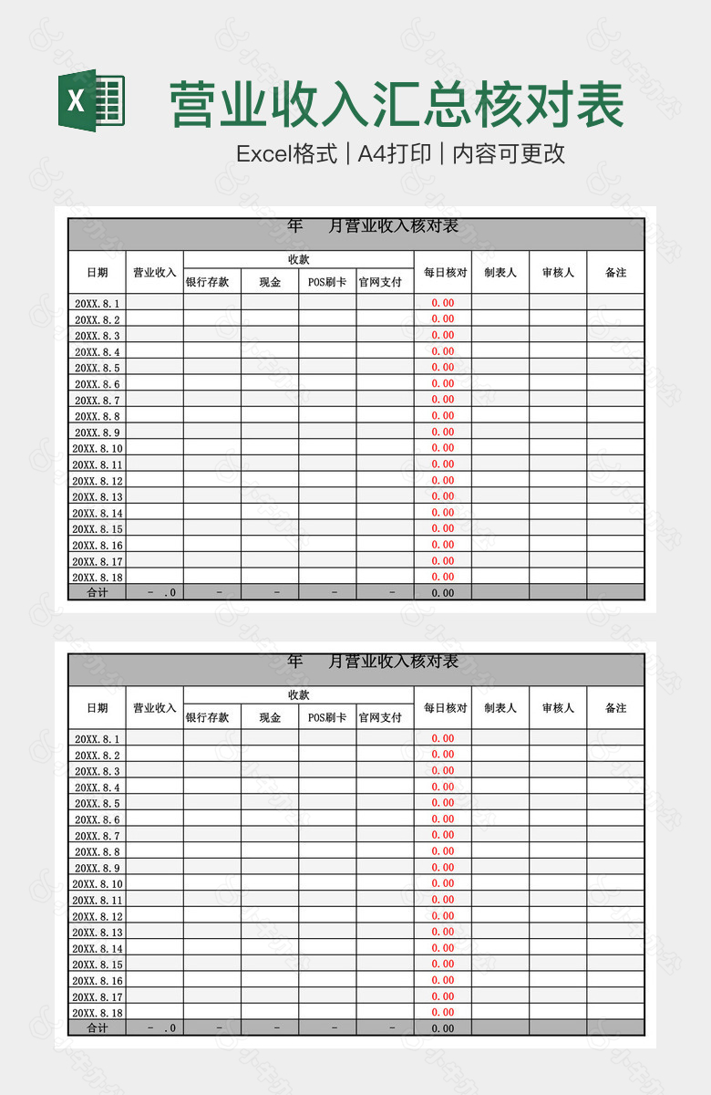 营业收入汇总核对表