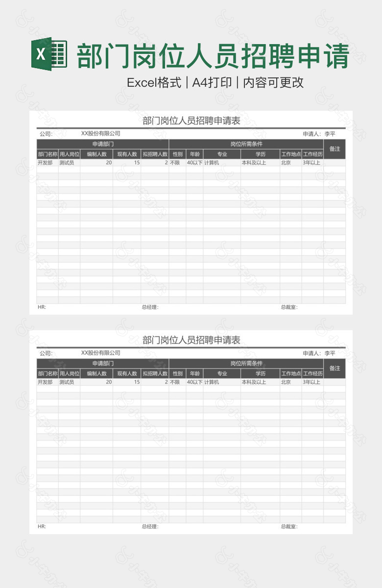 部门岗位人员招聘申请表