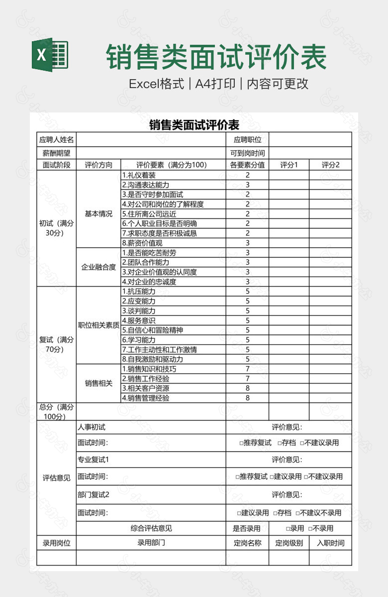 销售类面试评价表