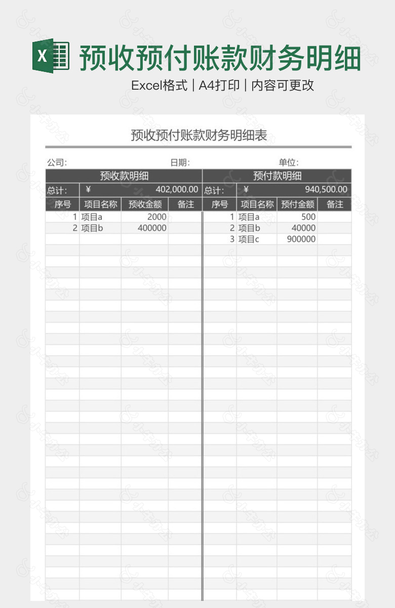 预收预付账款财务明细表