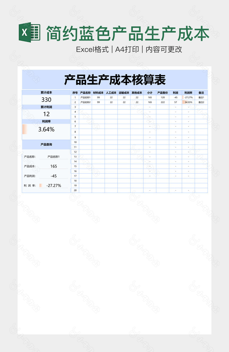 简约蓝色产品生产成本核算表