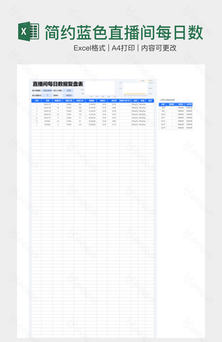 简约蓝色直播间每日数据复盘表