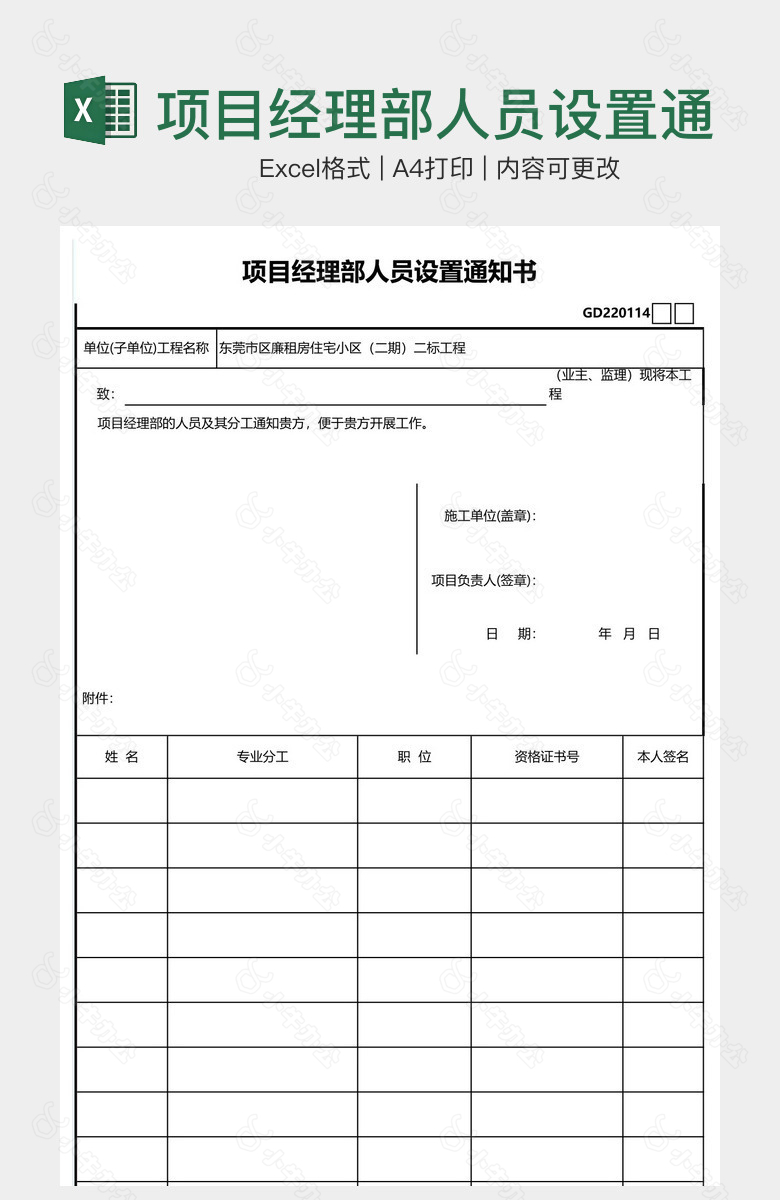 项目经理部人员设置通知书