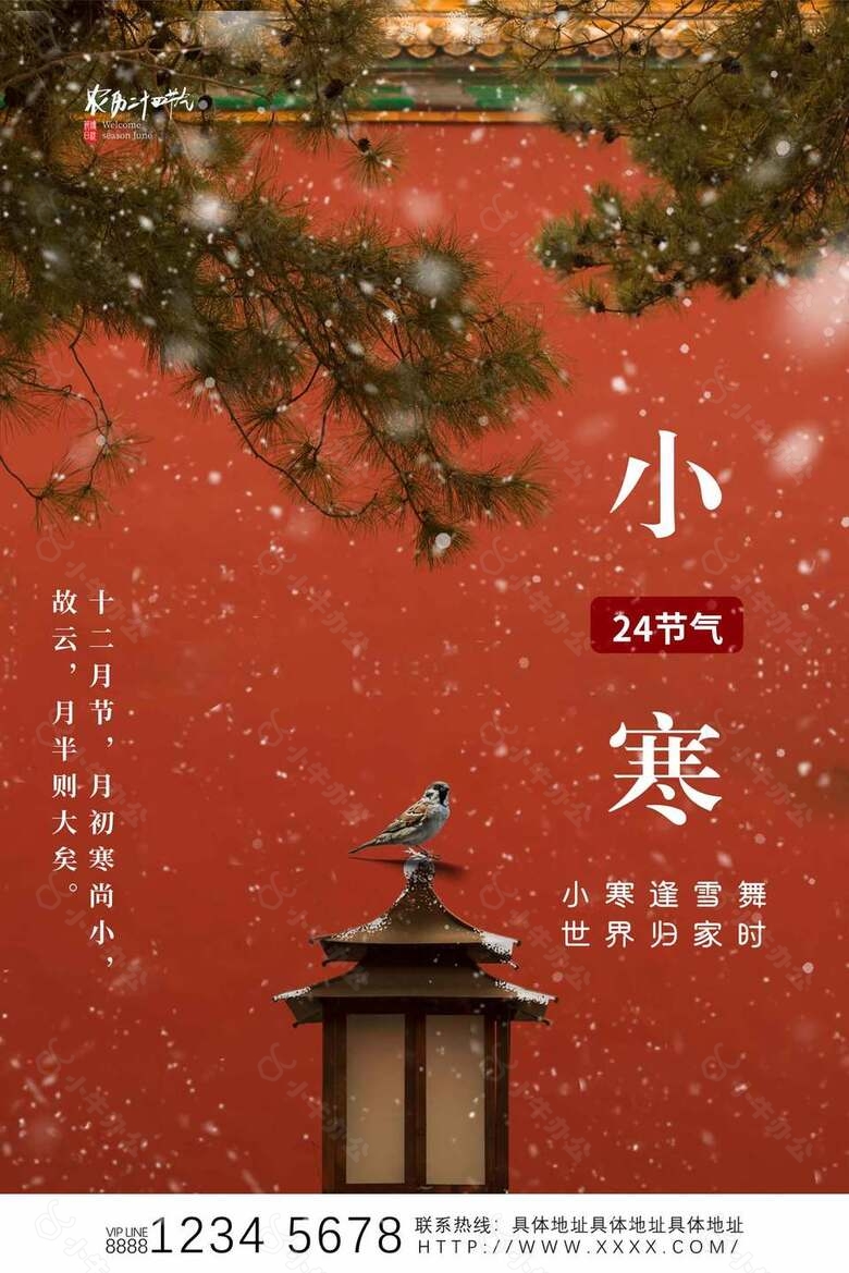 小寒逢雪舞红色背景传统二十四节气海报