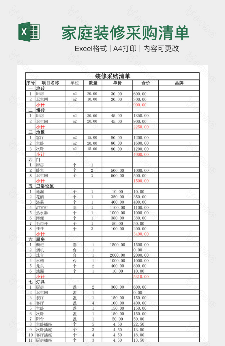 家庭装修采购清单