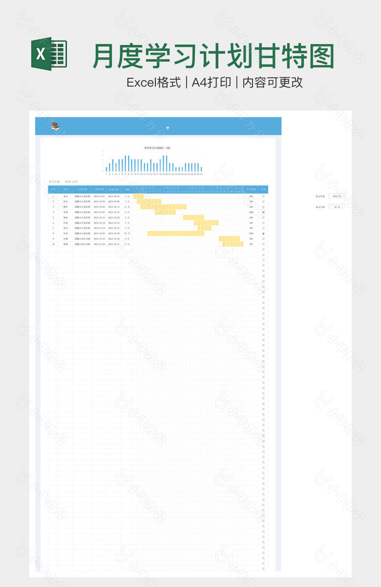 月度学习计划甘特图