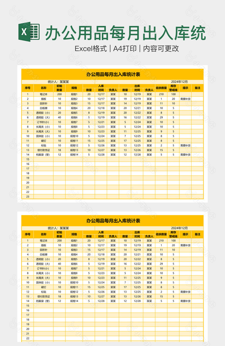 办公用品每月出入库统计表