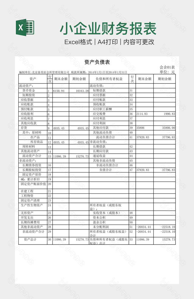 小企业财务报表