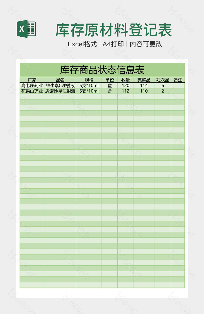 库存原材料登记表