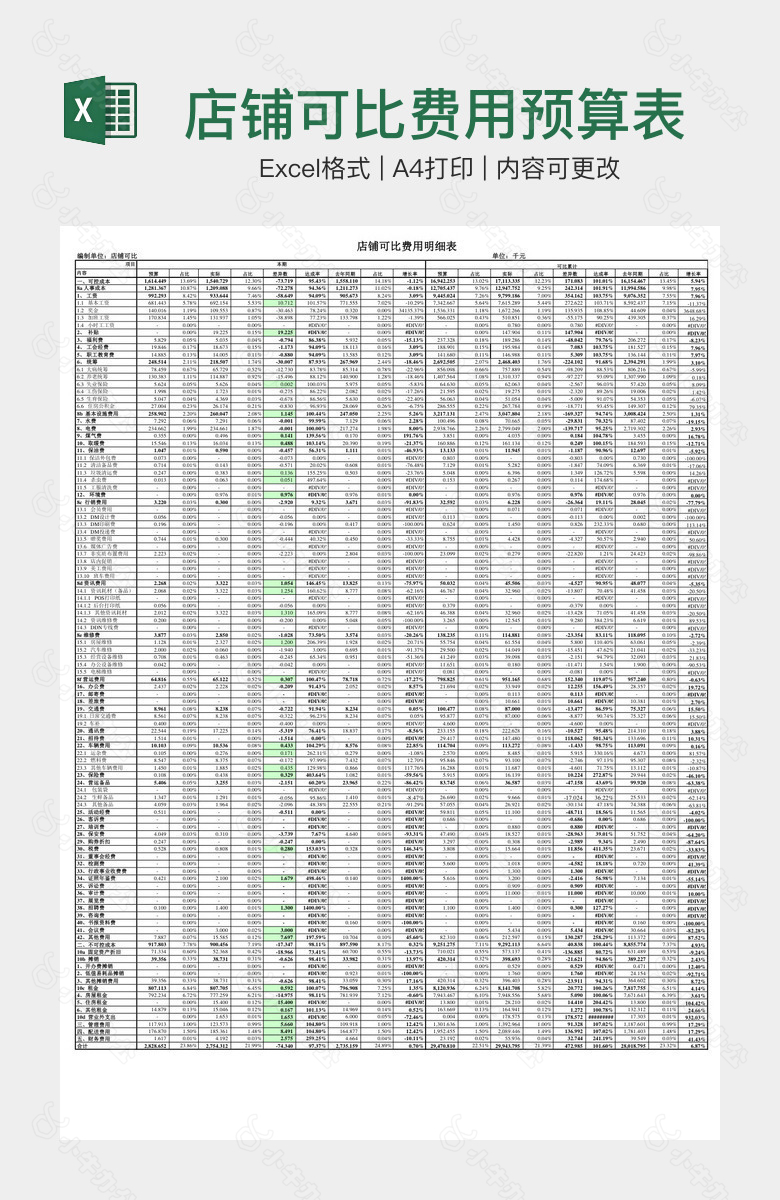 店铺可比费用预算表