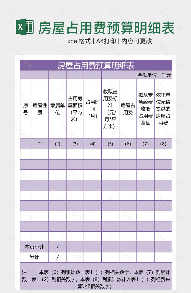 房屋占用费预算明细表