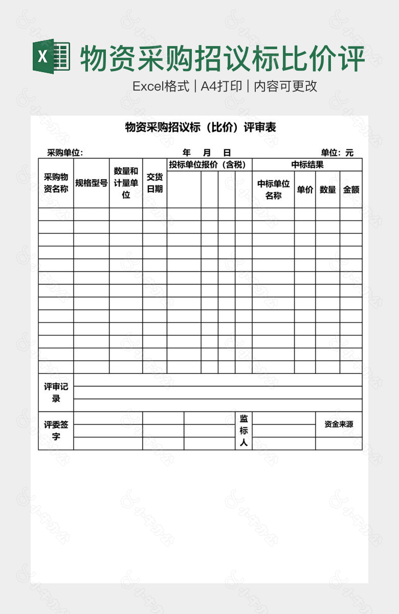 物资采购招议标比价评审表