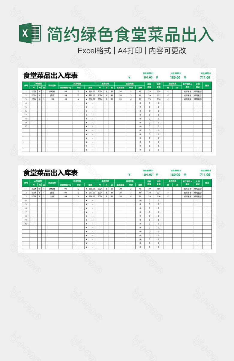 简约绿色食堂菜品出入库表