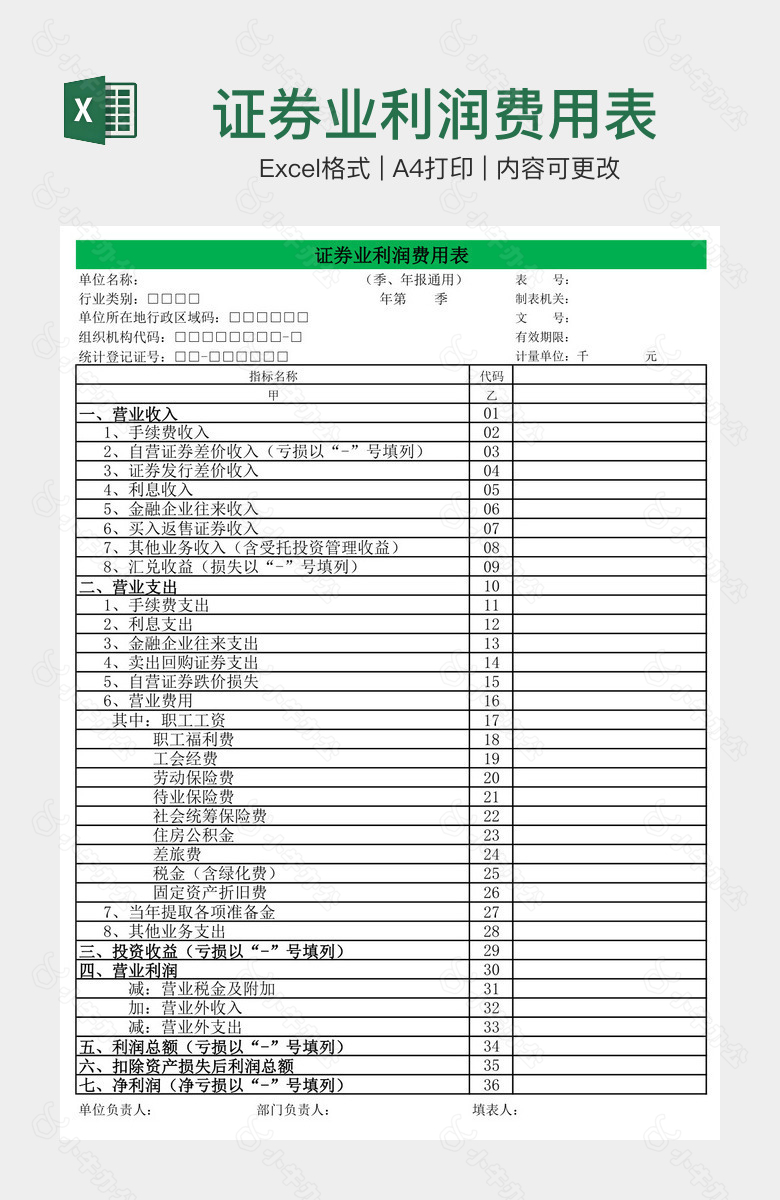 证券业利润费用表