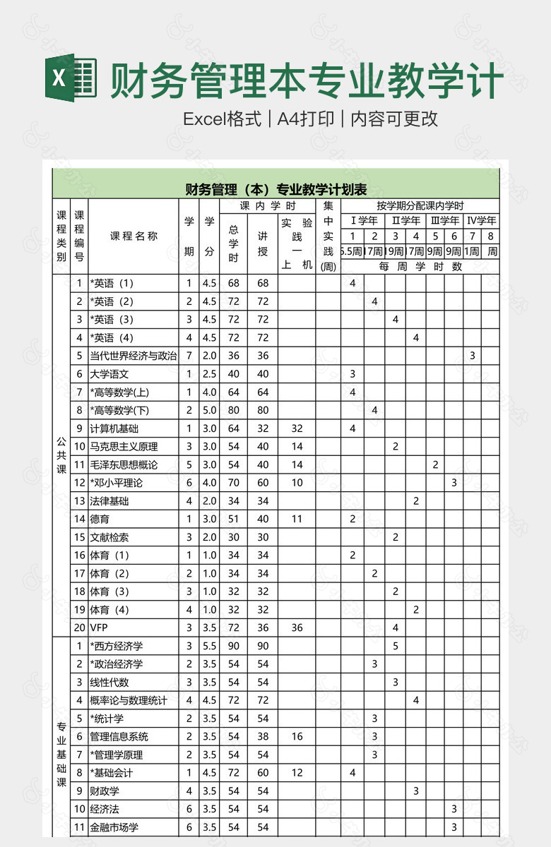 财务管理本专业教学计划表