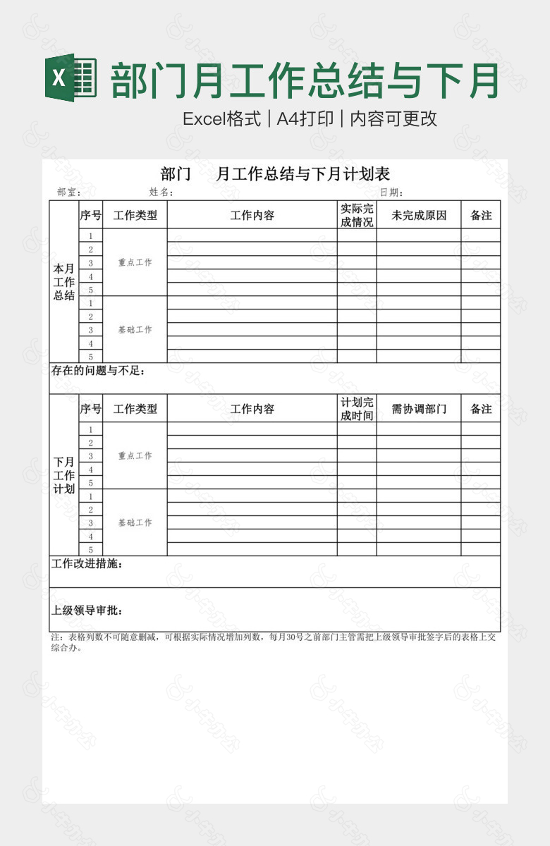 部门月工作总结与下月计划表