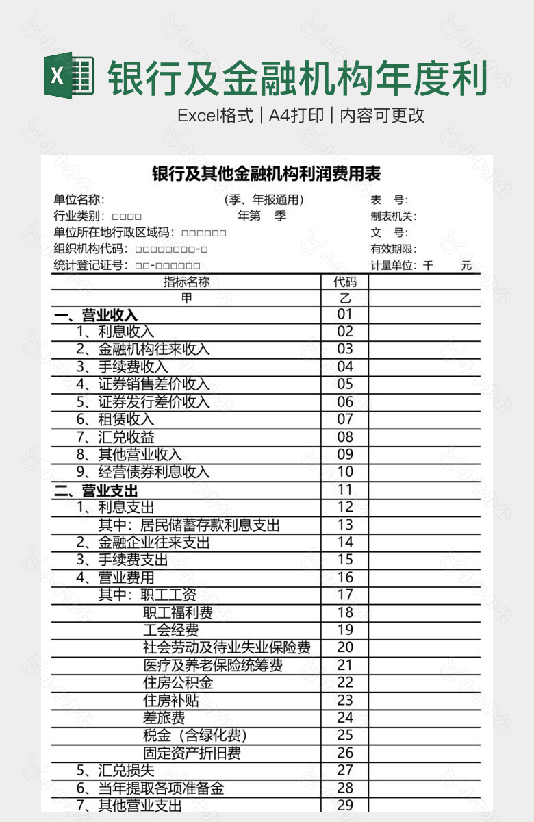 银行及金融机构年度利润费用表