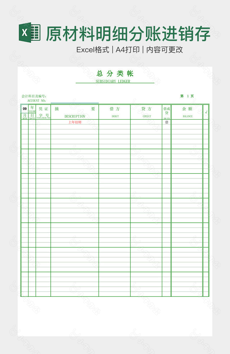 原材料明细分账进销存物资明细账页