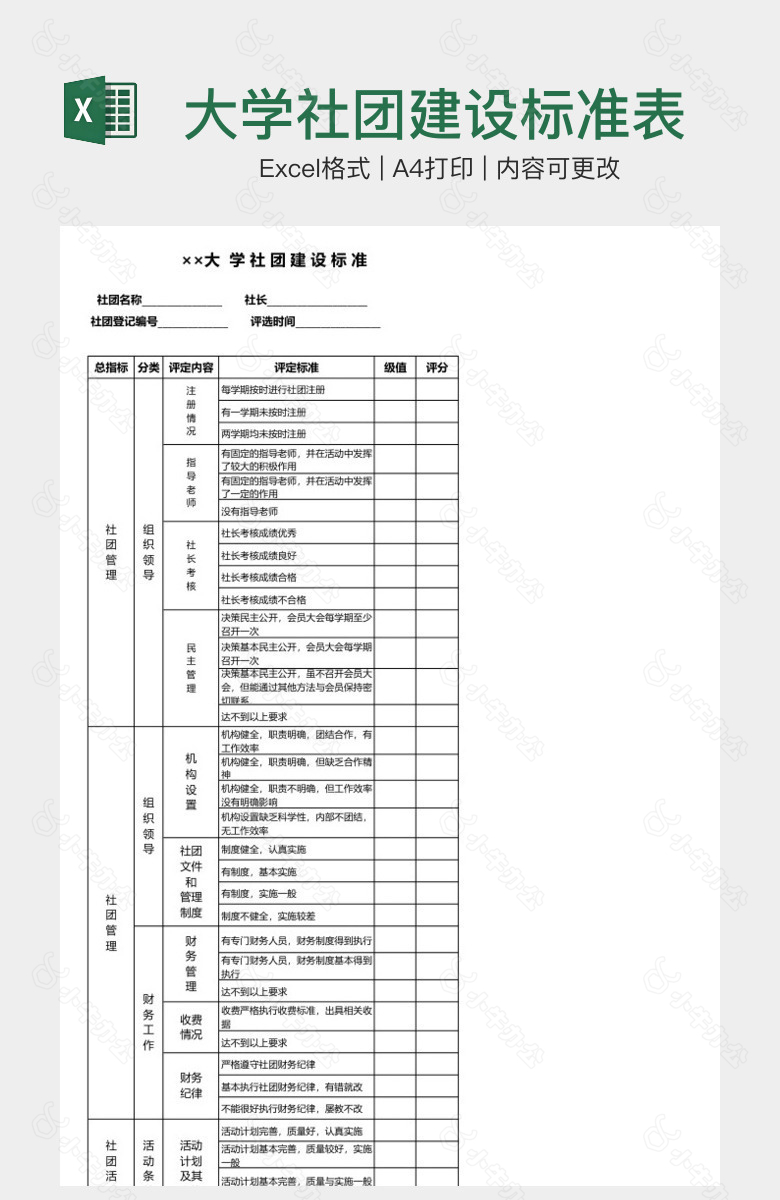 大学社团建设标准表