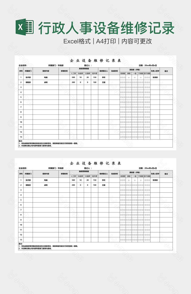 行政人事设备维修记录表