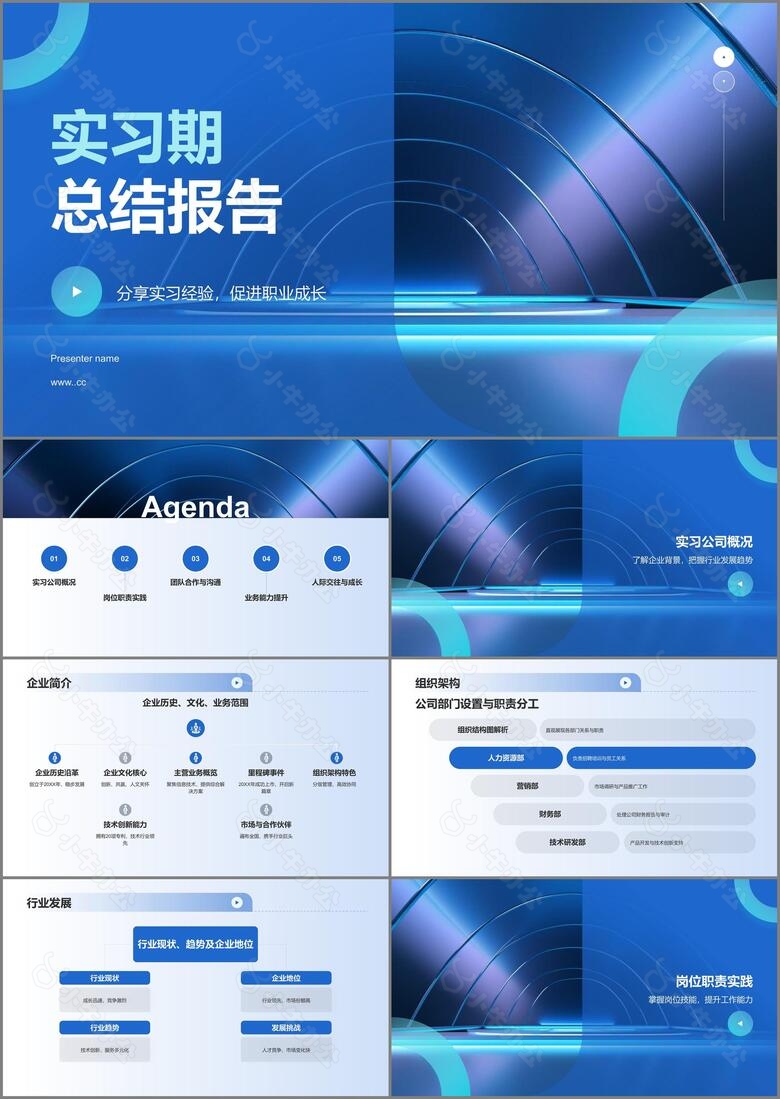 蓝色商务实习总结PPT模板