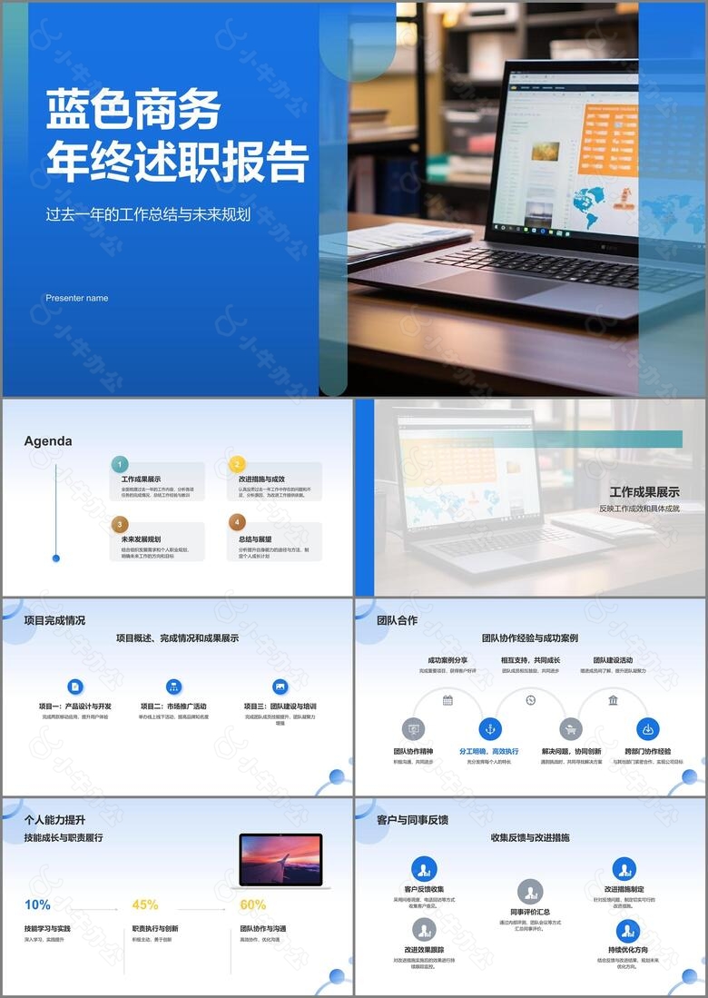 蓝色渐变年终述职报告PPT模板