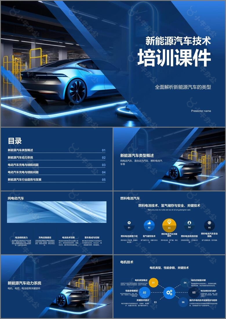 蓝色渐变新能源汽车技术培训课件PPT模板