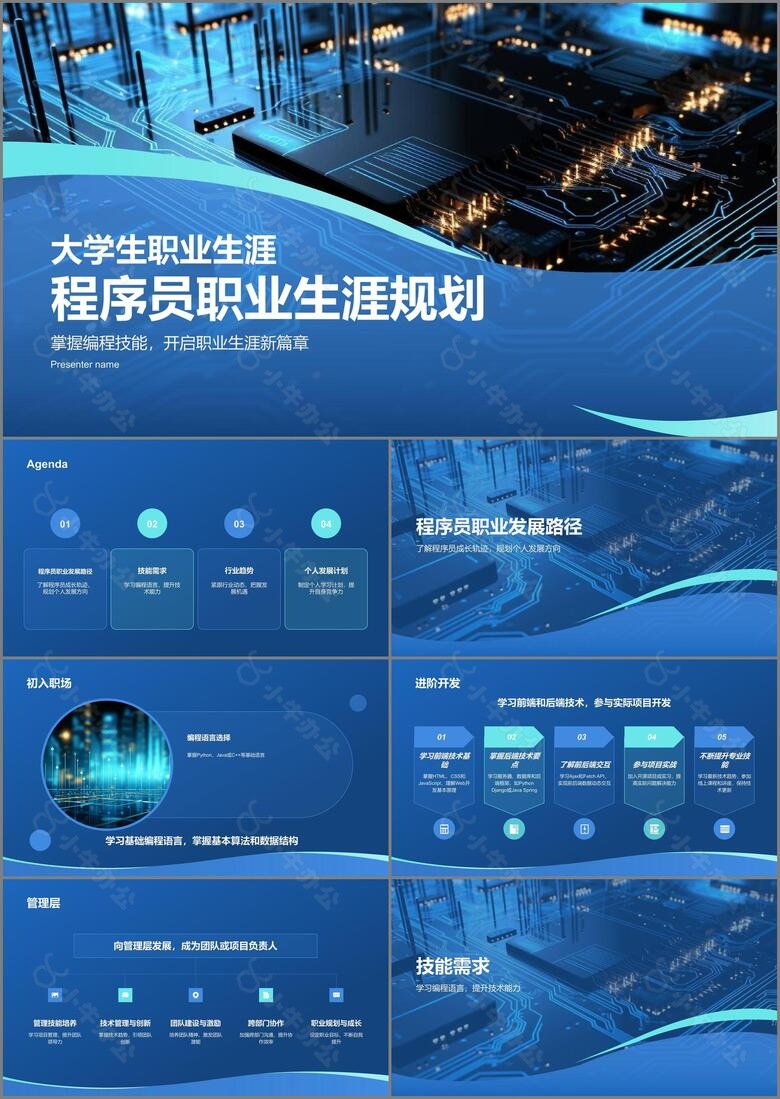 蓝色科技风大学生程序员职业生涯规划PPT模板