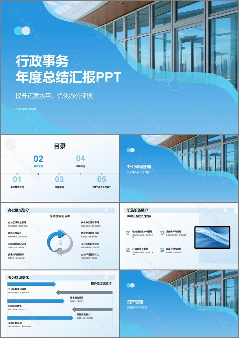 蓝色行政事务年度总结汇报PPT模板