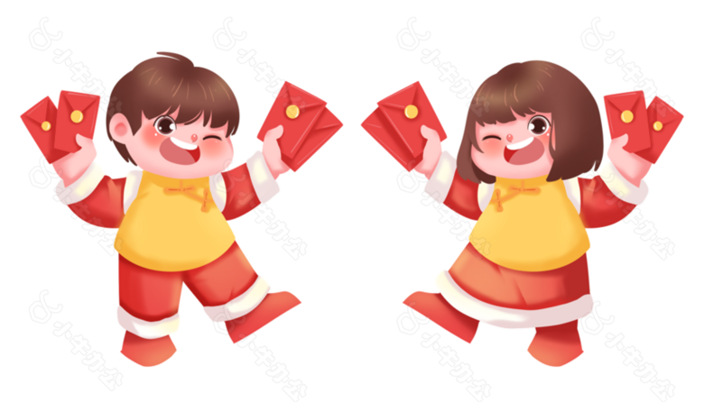 精美手绘风新年小孩拿红包插画设计